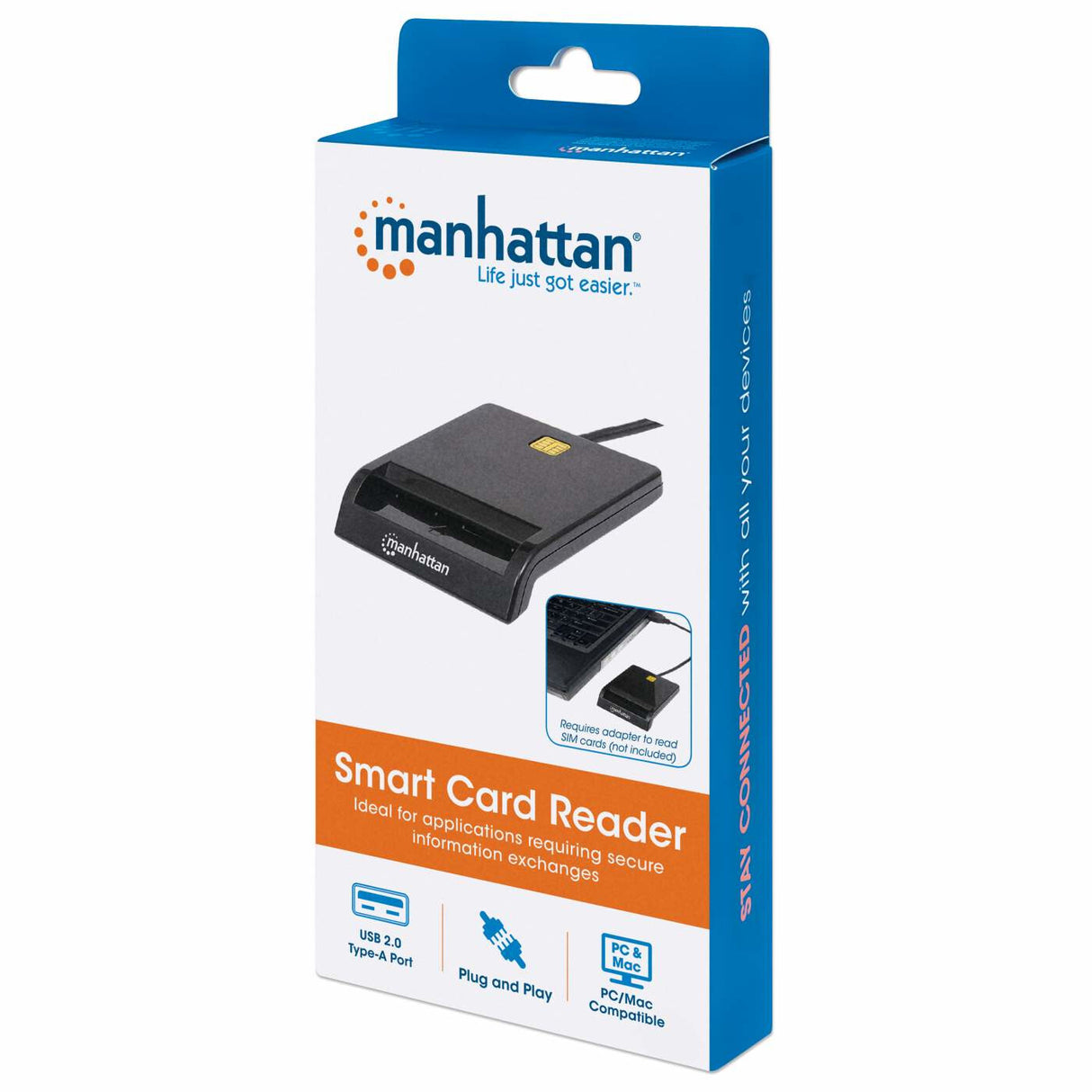 Manhattan USB-A Contact Smart Card Reader, 12 Mbps, Friction type compatible, External, Windows or Mac, Cable 105cm, Black, Three Year Warranty