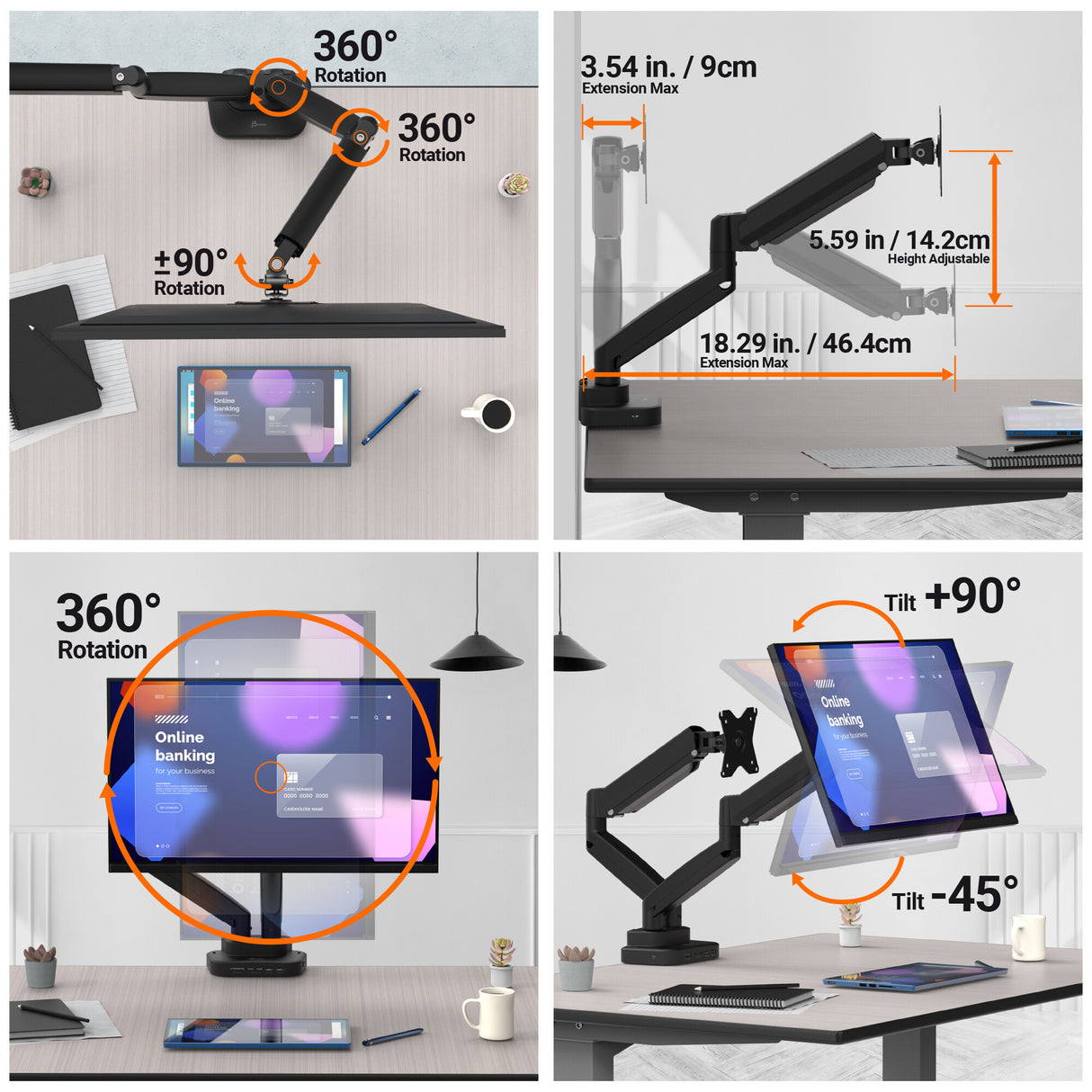 j5create JTSA302 Ergonomic Dual-Monitor Mount with Docking Station, Black