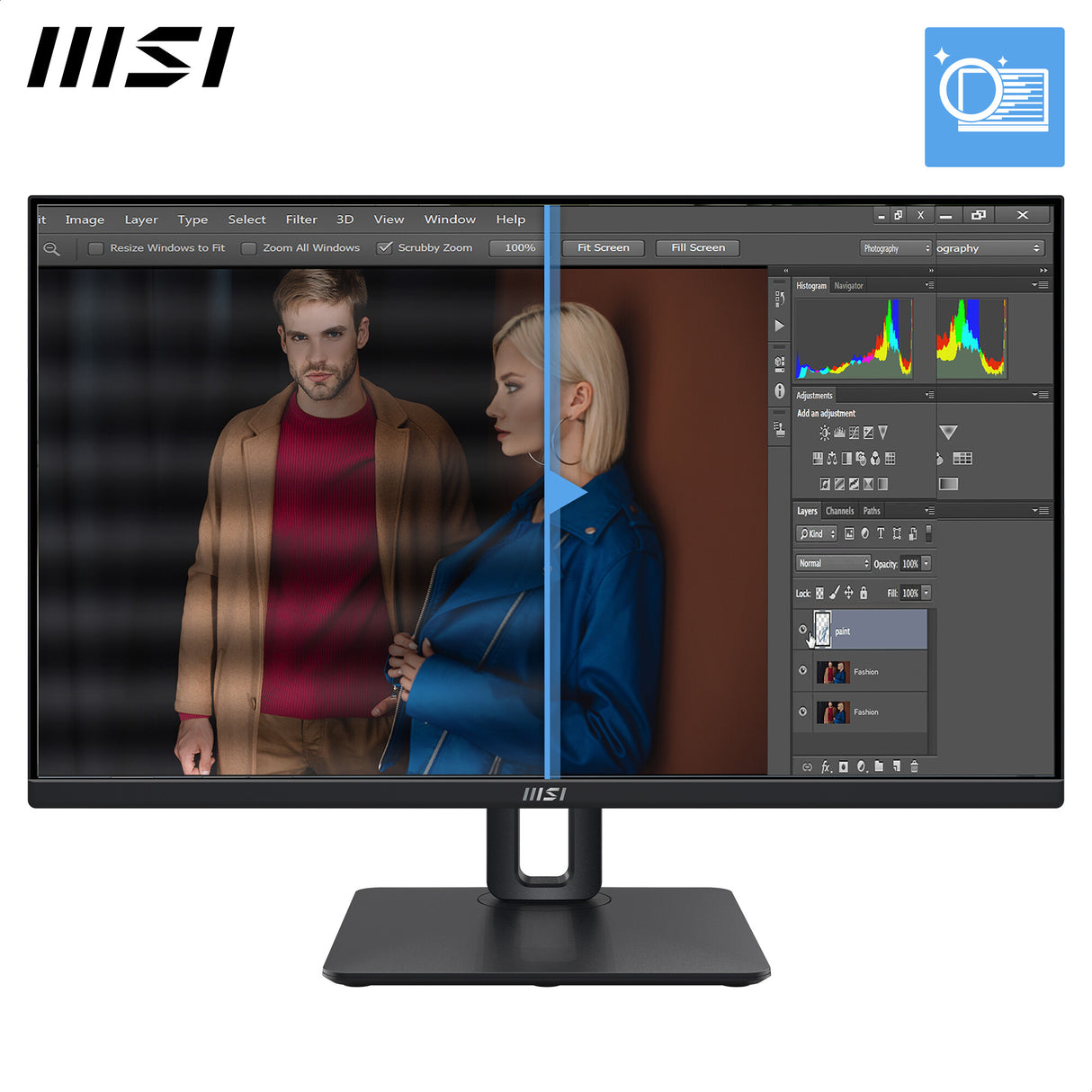 MSI Pro MP245PG 24 Inch Monitor, FHD (1920 x 1080), 100Hz, IPS, 1ms, 1x HDMI 1.4b, 1x DP 1.2a output, 1x D-Sub(VGA), Built-in Speakers, Anti-Glare, Anti-Flicker, Less Blue light, TÜV Certified, VESA, Kensington, 4-way adjustable stand, Black