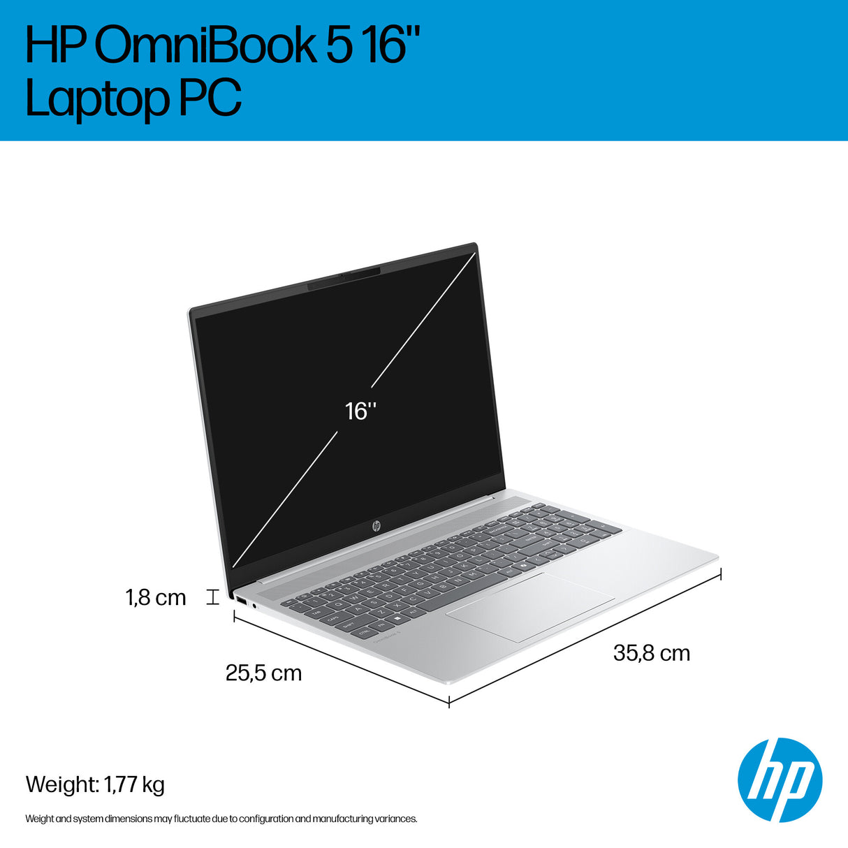 HP OmniBook 5 16-ba1506sa Intel® Core™ i3 i3-1315U Laptop 40.6 cm (16") 2K 8 GB LPDDR5-SDRAM 512 GB SSD Wi-Fi 6 (802.11ax) Windows 11 Home Silver