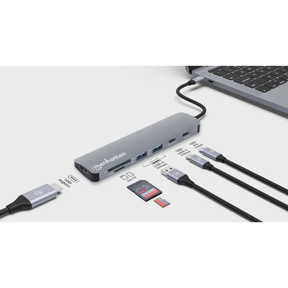 Manhattan USB-C Dock/Hub with Card Reader, Ports (x5): HDMI, USB-A (x2) and USB-C (x2), with Power Delivery (PD) 100W- requires external USB-C charger (not included). USB powered (no external power supply required) when PD is not in use