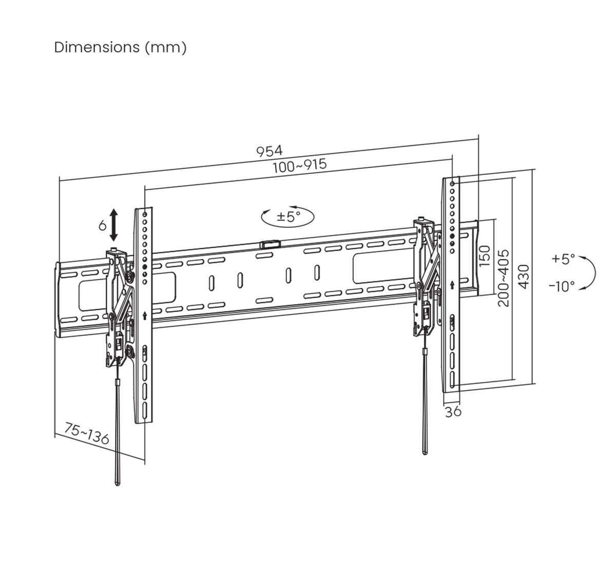 Manhattan Wall Mount With Extension for TV & Monitors (Tiltable Anti Theft), For screens 37" to 100", VESA compatibility: all between 200x200mm to 800x400mm - check the dimensions of the four mounting holes on back of screen to ensure it fits, Max 75kg, B