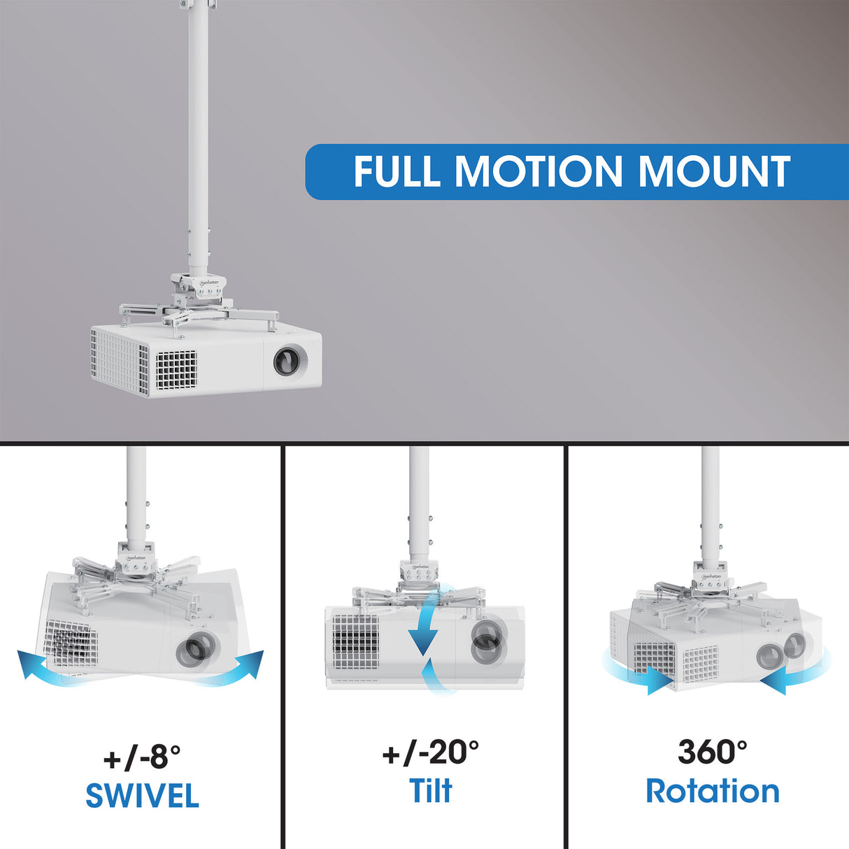 Manhattan Projector Mount, Ceiling, Universal, Full Motion, Height Range: 745 to 1145mm, Max 35kg, White, 360° rotation, +/-20° Tilt, and +/-8° Swivel, Lifetime Warranty