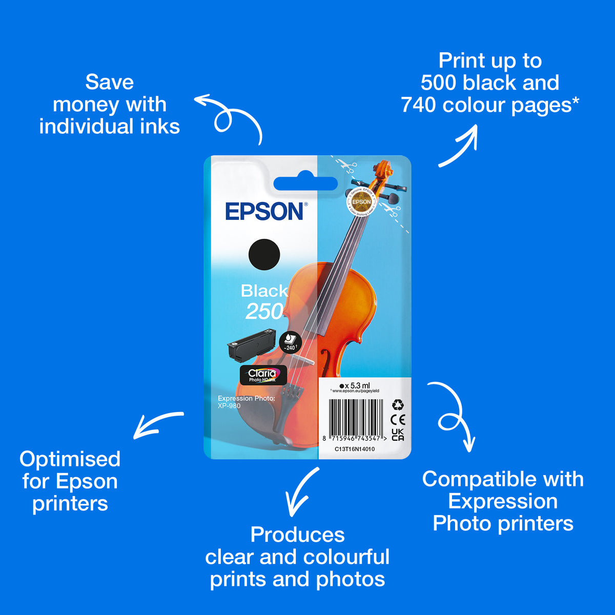Epson Singlepack Black 250 Violin Claria Photo HD Ink