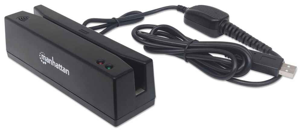 Manhattan USB-A Magnetic Strip Card Reader, Triple Track Reader, Keyboard Wedge Decoder, Cable 1.5m, Black, Three Year Warranty