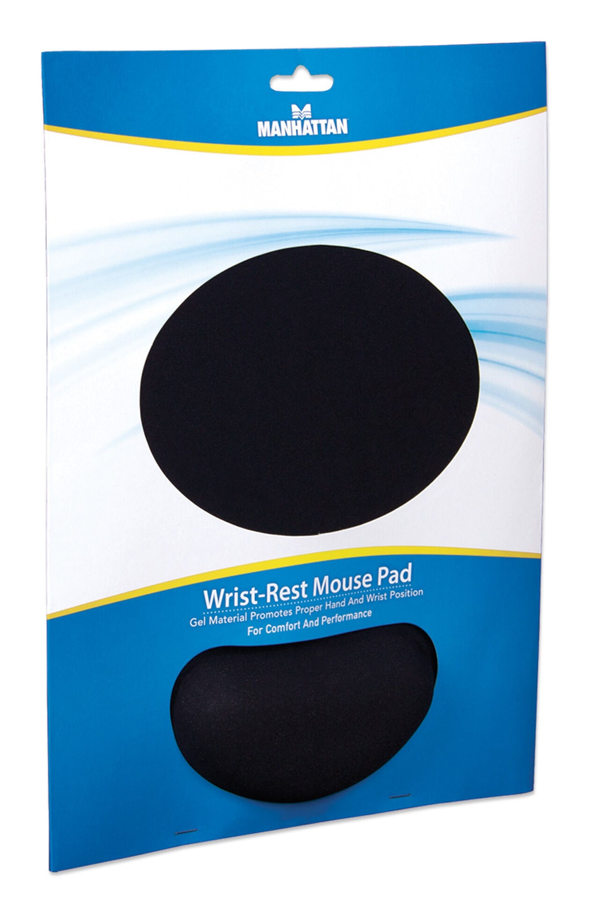 Manhattan Wrist Gel Support Pad and Mouse Mat, Black, 241 × 203 × 40 mm, non slip base, Lifetime Warranty, Card Retail Packaging