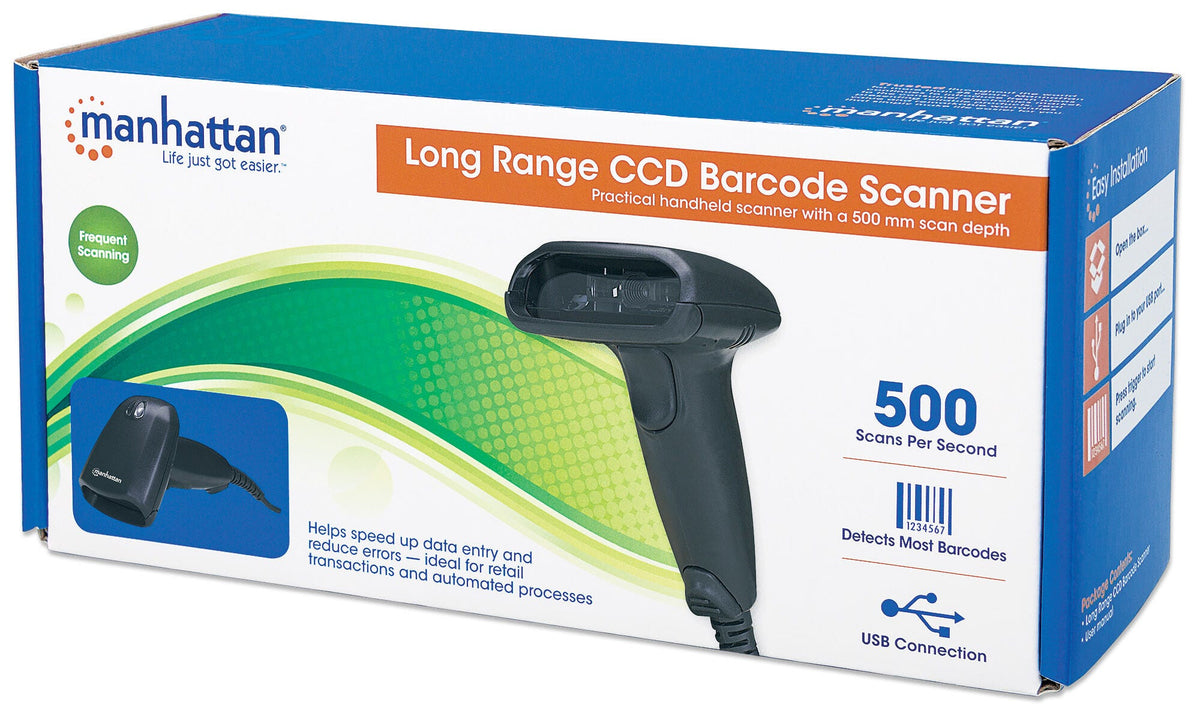 Manhattan Long Range CCD Handheld Barcode Scanner, USB, 500mm Scan Depth, Cable 1.5m, Max Ambient Light 10,000 lux (sunlight), Black, Three Year Warranty