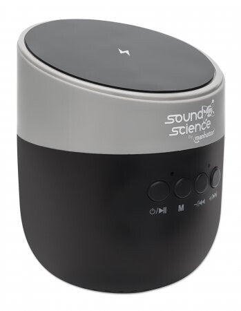 Manhattan Metallic Bluetooth Speaker with Wireless Charging Pad, Decent Sound Output (3W), 3 hour Playback time, Wireless Pad 5W, Integrated Controls, Range 10m, microSD card reader, USB-A charging cable incl, Bluetooth 5.0, 3 Years Warranty