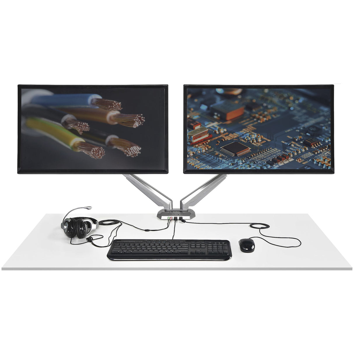 StarTech.com Desk Mount Dual Monitor Arm with USB & Audio - Desk Clamp VESA Mount for up to 32 inch Displays - 2x USB, 2x 3.5mm audio - Ergonomic Full Motion Dual Monitor Arm - Silver