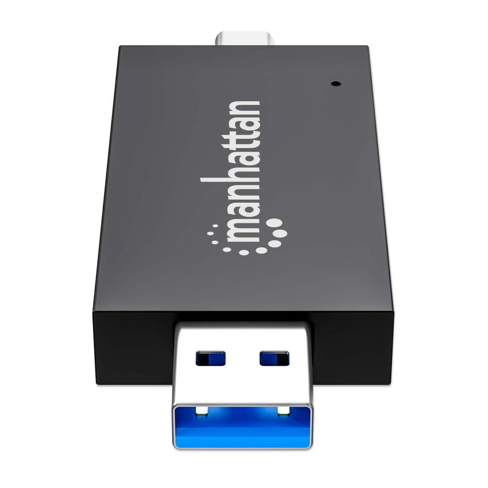 Manhattan USB-A / USB-C combo Multi-Card Reader/Writer, 5 Gbps (USB 3.2 Gen1 aka USB 3.0), Male to microSD and SD/MMC Slots, Mini Format, SuperSpeed USB, Windows or Mac, Black/Transparent, Three Year Warranty
