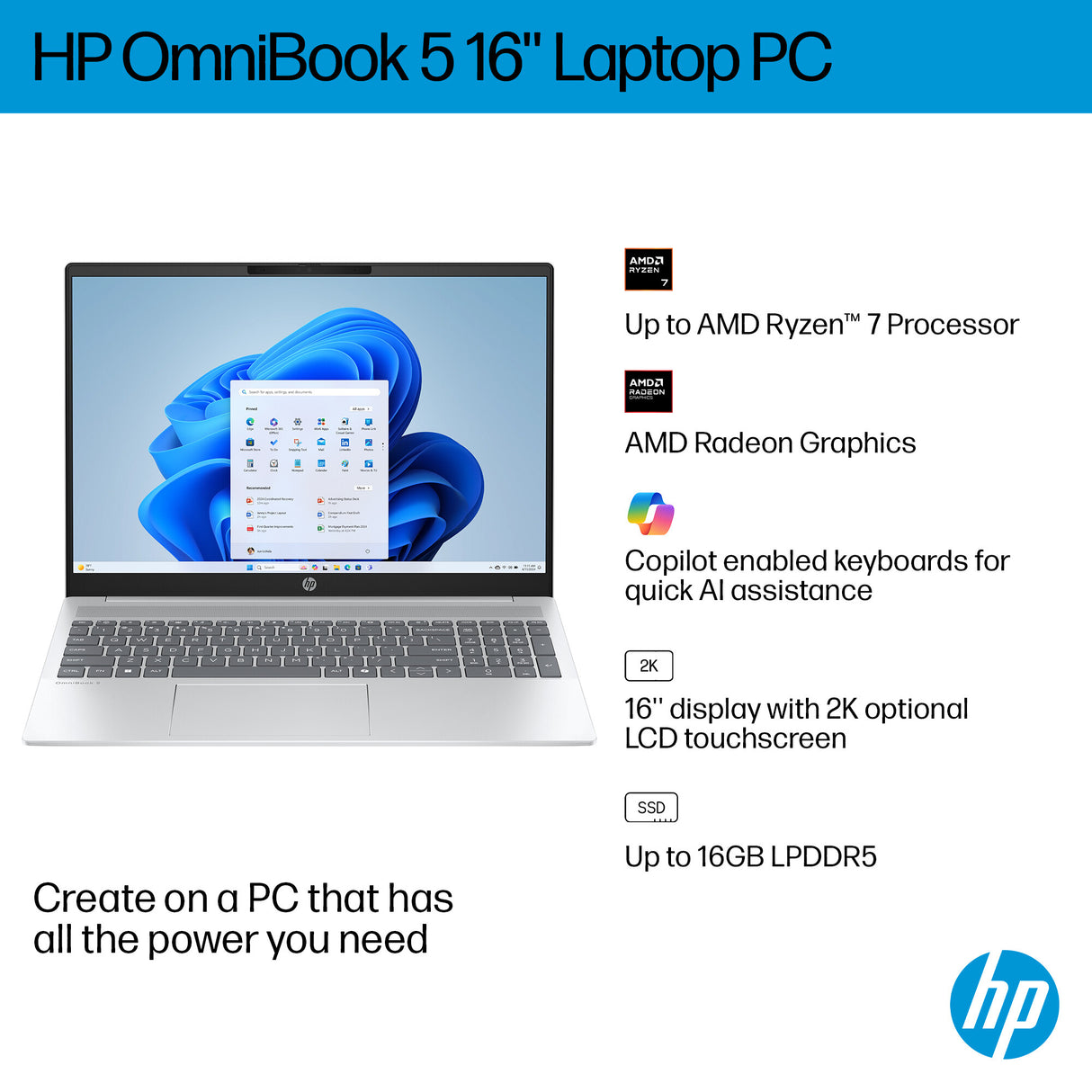 HP OmniBook 5 16-bc1001na AMD Ryzen™ 7 8840U Laptop 40.6 cm (16") 2K 16 GB LPDDR5-SDRAM 1 TB SSD Wi-Fi 6 (802.11ax) Windows 11 Home AI PC Silver