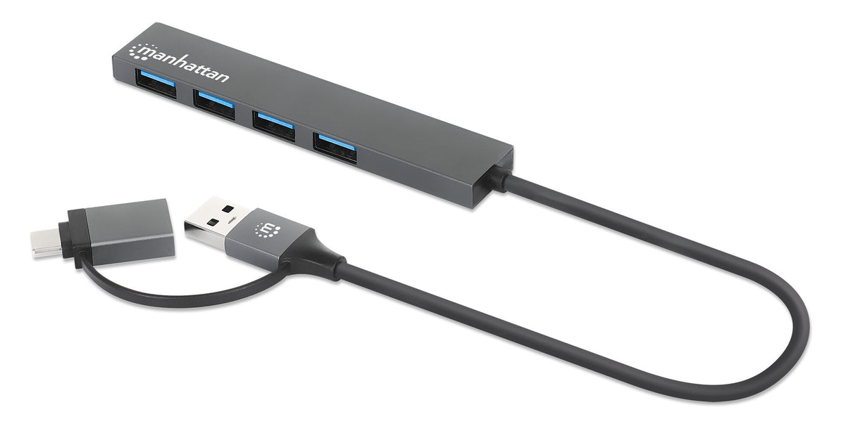 Manhattan USB-C & USB-A Combo Dock/Hub, Ports (4): USB-A (x4), 5 Gbps (USB 3.2 Gen1 aka USB 3.0), USB powered (no external power supply required), Cable 25cm