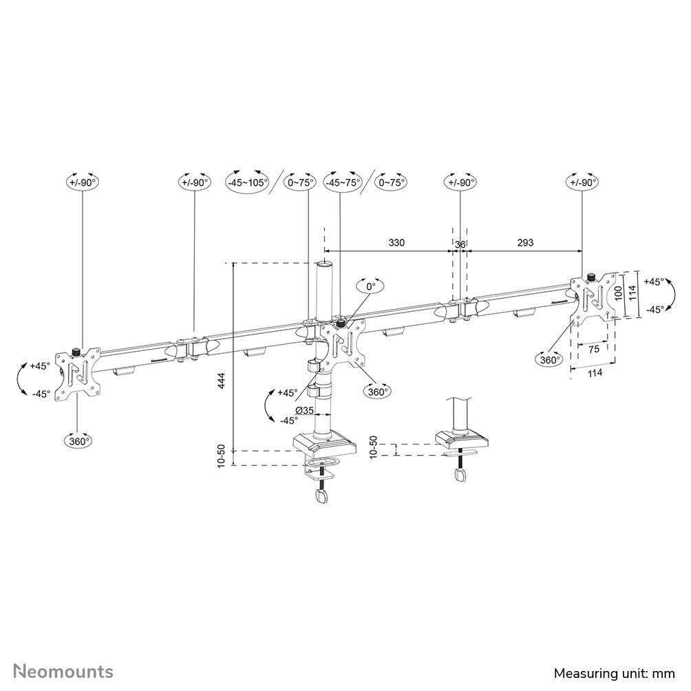 Neomounts DS60-600BL3 Monitor arm 10-27" - Quick-fix - 180°-stop