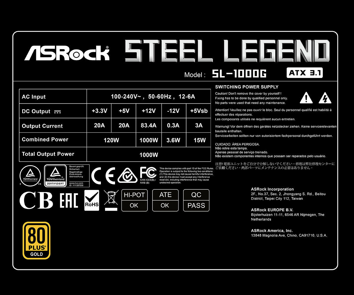 Asrock SL-1000G power supply unit 1000 W 24-pin ATX ATX Black