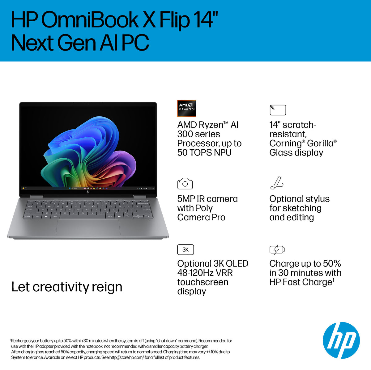 HP OmniBook X Flip 14-fk0002na Copilot+ PC AMD Ryzen™ AI 7 350 Hybrid (2-in-1) 35.6 cm (14") Touchscreen 3K 16 GB LPDDR5x-SDRAM 1 TB SSD Wi-Fi 7 (802.11be) Windows 11 Home Silver