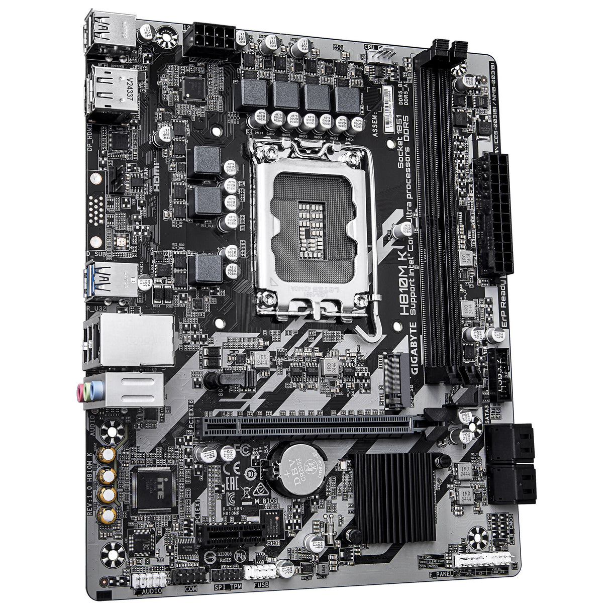 GIGABYTE H810M K Motherboard - Intel Core Ultra (Series 2) CPUs, 3+1+2 Phases VRM, up to 6400MHz DDR5, 1xPCIe 4.0 M.2, 1GbE LAN, USB 3.2 Gen 1