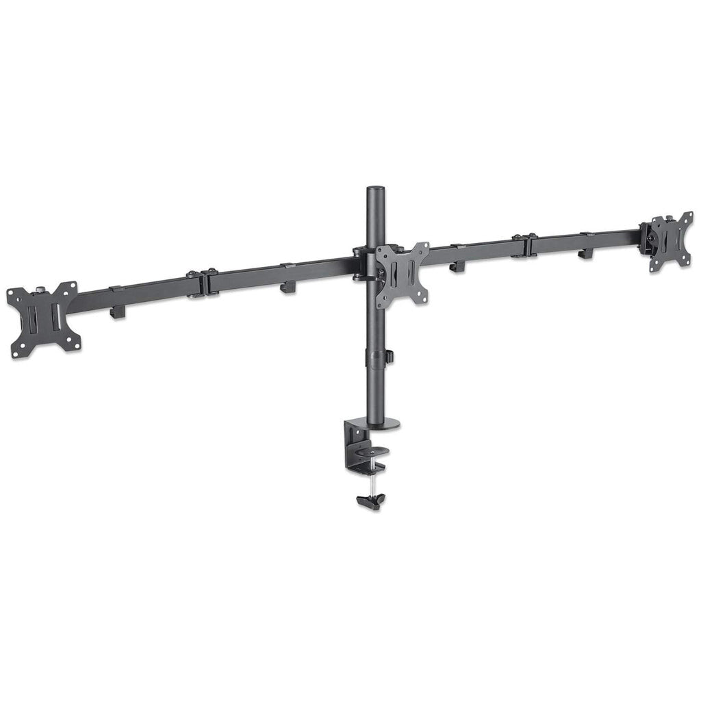 Manhattan Triple Desk Mount for TV & Monitors, For screens: 10" to 27", Clamp Assembly, VESA compatability: 75x75 and 100x100mm - check the dimensions of the four mounting holes on back of screen to ensure it fits, Max 7kg (each), Black, Bracket, Lifetime