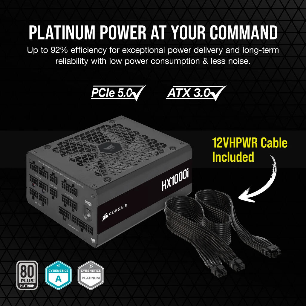Bloc d'alimentation Corsair 1000 W HX1000i V2, ventilateur dynamique fluide, entièrement modulaire, bruit ultra faible, 80+ Platinum, ATX 3.0, PCIe 5.0