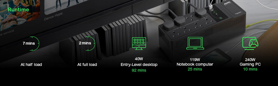 APC Back-UPS, 1050VA/600W Floor/Wall Mount, 230V, 8x British BS1363A outlets, USB Type A+C Port, User Replaceable Battery
