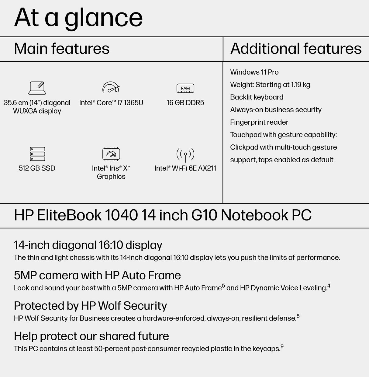 HP EliteBook 1040 14 G10 Intel® Core™ i7 i7-1365U Laptop 35.6 cm (14") WUXGA 16 GB DDR5-SDRAM 512 GB SSD Wi-Fi 6E (802.11ax) Windows 11 Pro Silver