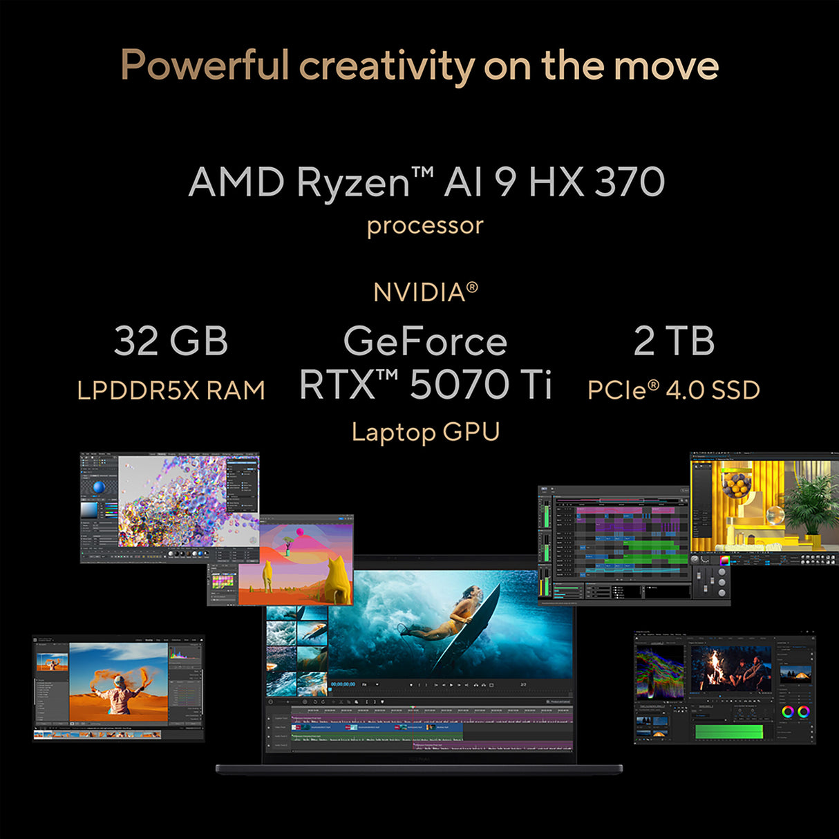 ASUS ProArt P16 H7606WR-SE004W Copilot+ PC AMD Ryzen AI 9 HX 370 Laptop 40.6 cm (16") Touchscreen WQUXGA 32 GB LPDDR5x-SDRAM 2 TB SSD NVIDIA GeForce RTX 5070 Ti Wi-Fi 7 (802.11be) Windows 11 Home Black