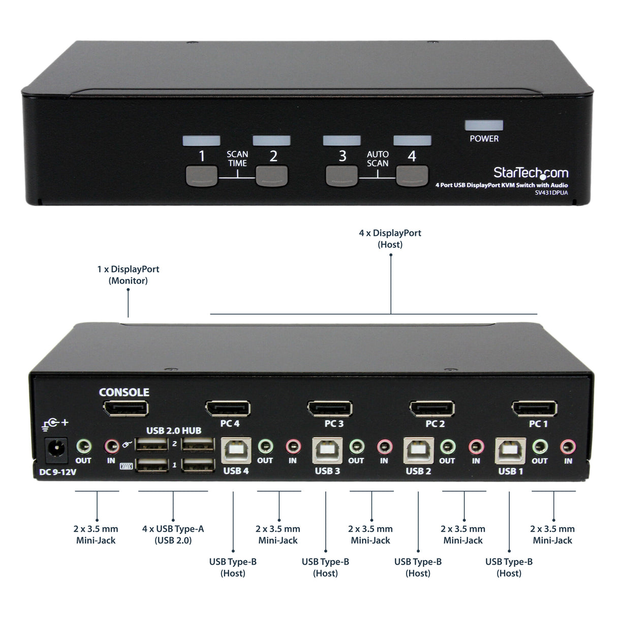 StarTech.com 4 Port DisplayPort KVM Switch - 4K 60Hz - Single Display - Dual Port UHD DP 1.2 USB KVM Switch with Integrated USB 2.0 Hub & Audio - Dell, HP, Apple, Lenovo - TAA Compliant