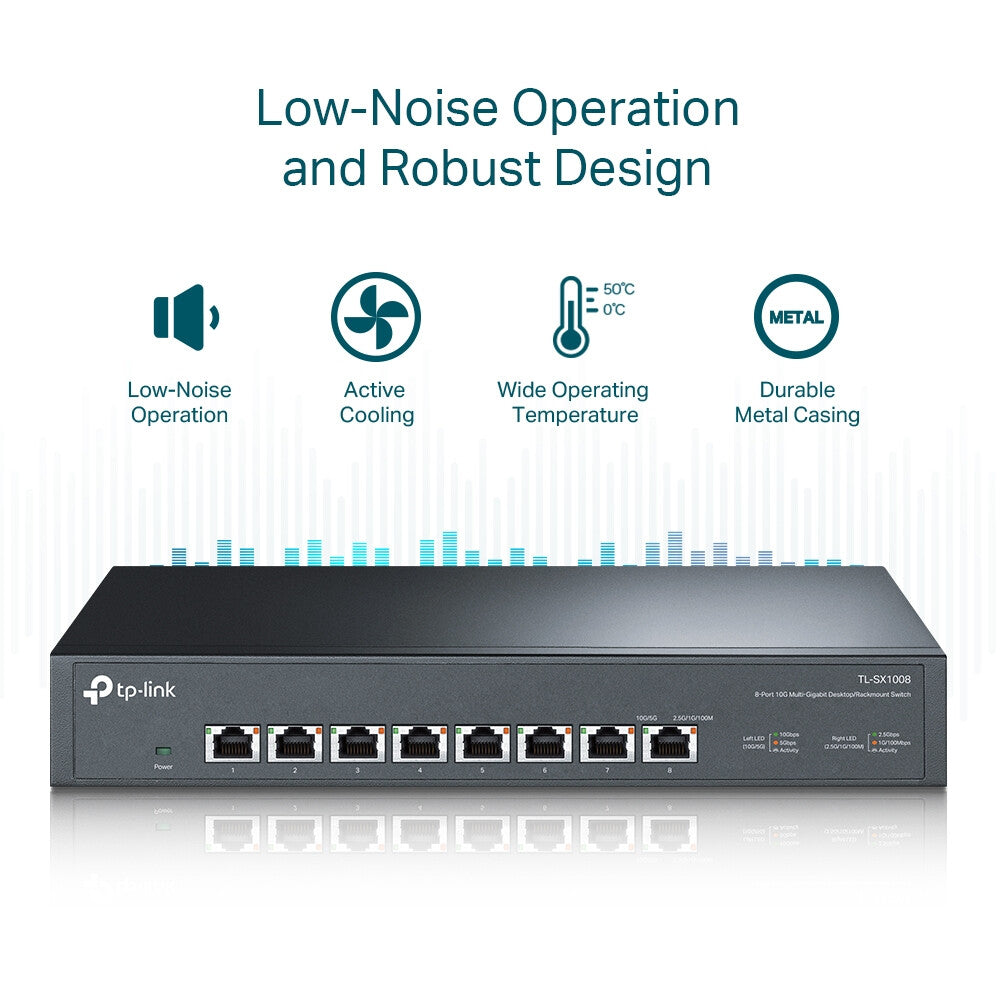 TP-LINK (TL-SX1008) Switch de bureau/rack multi-Gigabit 10G non géré à 8 ports, 8x 100/1G/2,5G/5G/10G, ventilateur à faible bruit, boîtier en acier