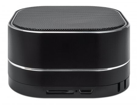 Manhattan Metallic Bluetooth Speaker, Microphone, FM Radio, Decent Sound Output (3W), 6 hour Playback time, Integrated Controls, Range 10m, microSD card reader, Aux 3.5mm, USB-A charging cable incl, Black, Bluetooth 5.0, 3 Years Warranty