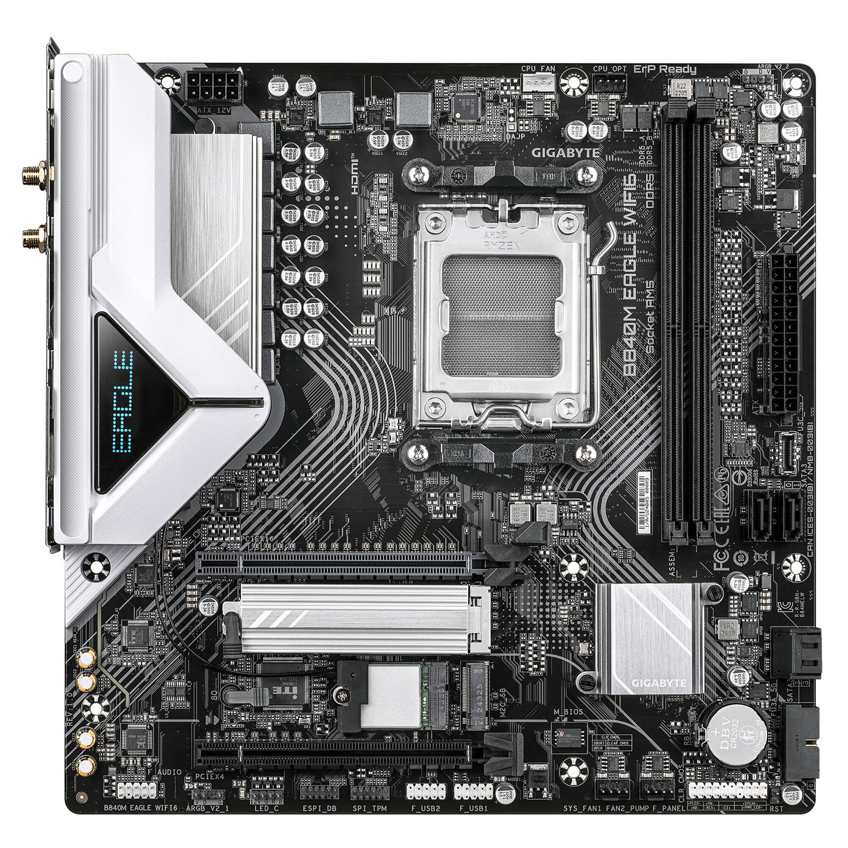 GIGABYTE B840M EAGLE WIFI6 Motherboard - AMD Ryzen 9000 CPUs, 5+2+2 Phases VRM, up to 7600MHz DDR5(O.C), 1xPCIe 4.0 + 1xPCIe 3.0 M.2, Wi-Fi 6, 2.5GbE LAN, USB 3.2 Gen 1