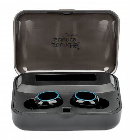 Manhattan Bluetooth In-Ear Headphones, Black, Microphone, Integrated Controls, Sweatproof, Noise Isolating, 5 hour usage time, Max Range 10m, Charging Case with Powerbank (1200mAh), Bluetooth v5.0, USB-A charging cable included, 3 Year Warranty
