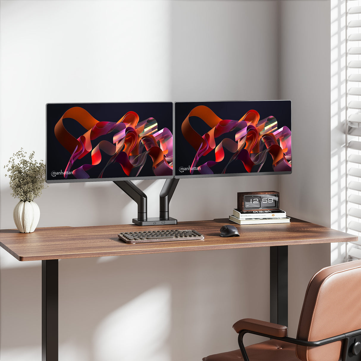 Manhattan Dual Desk Mount for TV & Monitor Mounts (Full Motion Spring), For screens 13" to 45", Clamp or Grommet Assembly, VESA compatability: 75x75 and 100x100mm - check the dimensions of the four mounting holes on back of screen to ensure it fits, Max 2