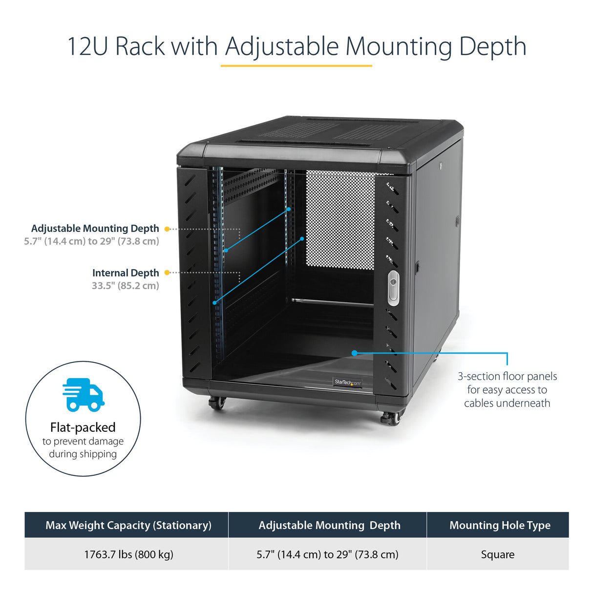 StarTech.com 12U Enterprise-Grade Server Rack Cabinet, 19in Enclosed 4-Post Rack with 29in (75cm) Mounting Depth and 1764lb (800kg) Weight Capacity