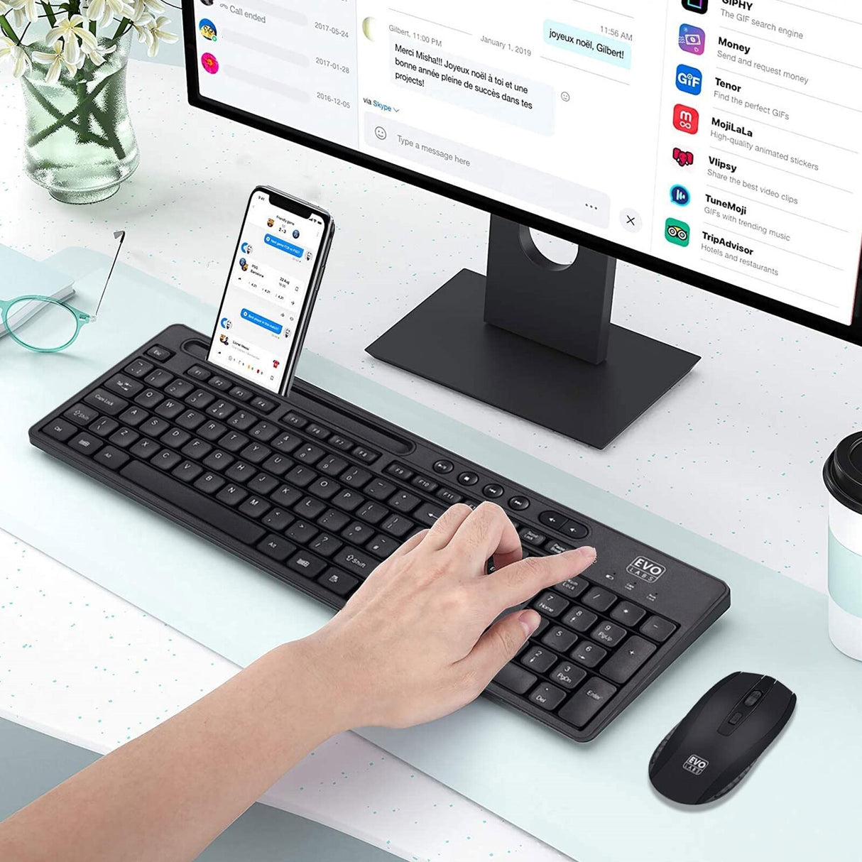 Evo Labs WM-757UK Ensemble combiné clavier et souris sans fil, avec support intégré pour tablette/mobile/smartphone, clavier Qwerty UK pleine taille 2,4 GHz avec souris sans fil, idéal pour la maison/bureau, noir