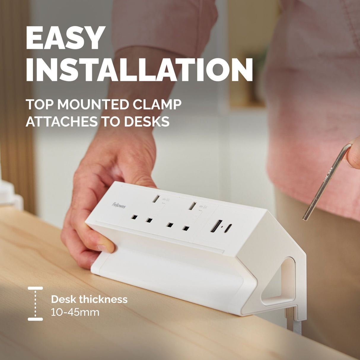 Fellowes Power Desk 2 Socket with 2 Power Sockets 1 USB-A & USB-C Ports White