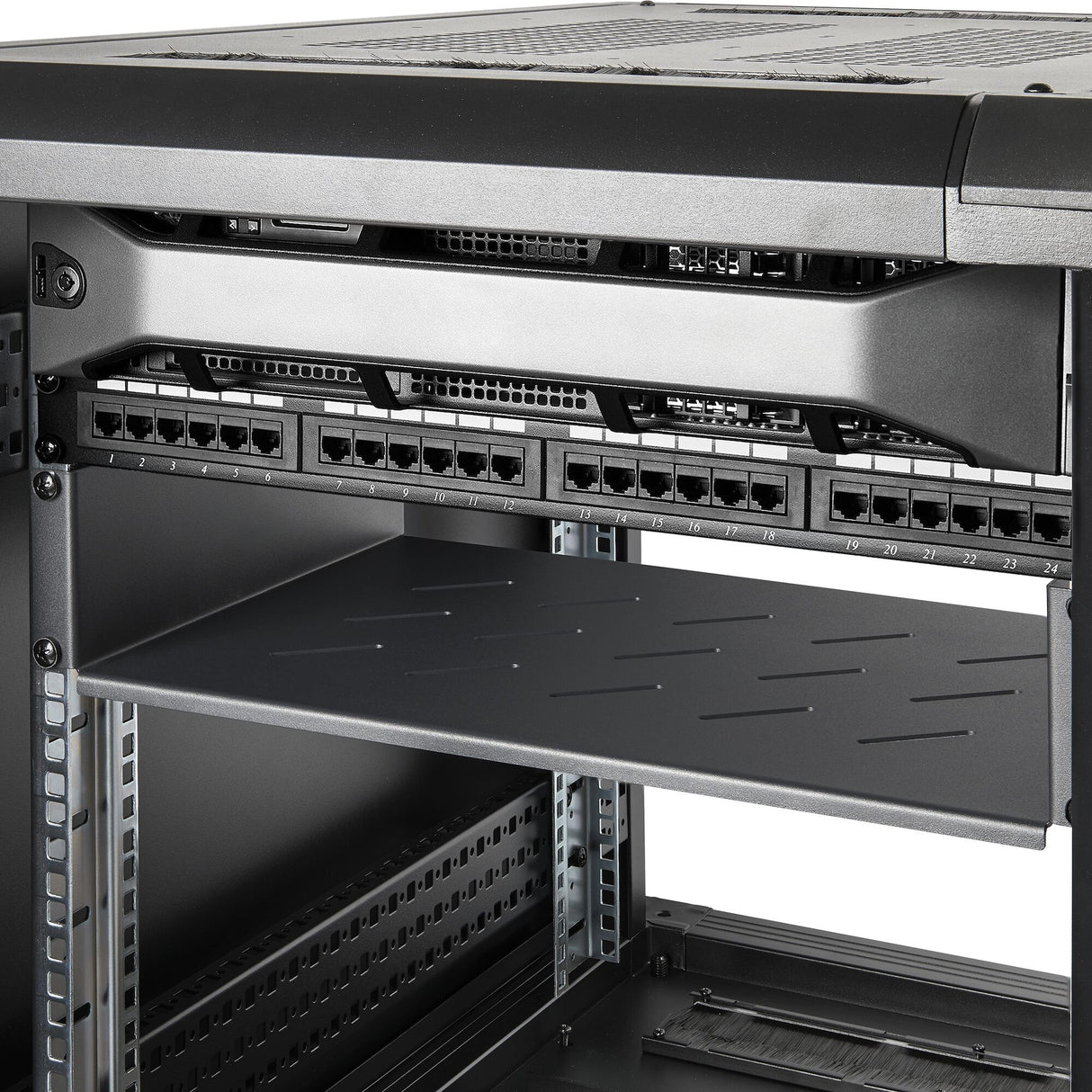 StarTech.com 2U Vented Server Rack Shelf, 12" (31.5cm) Mounting Depth, Cantilever Tray For 19" Rack/Cabinet, Heavy-Duty Steel, Up To 25lb/11.3kg, Includes Cage Nuts/Screws