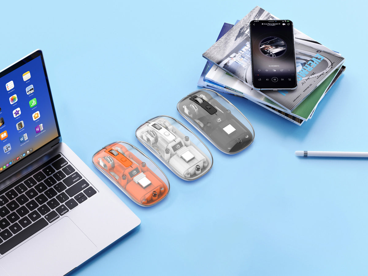 Manhattan Transparent Rechargeable Wireless Mouse, Clear/Orange, Adjustable 800/1200/1600dpi, With RGB LED light, 2.4Ghz (effective range up to 10m), USB, Optical, Ambidextrous, Four Button with Scroll Wheel, Slim Design, USB-A micro receiver, Lithium Ion