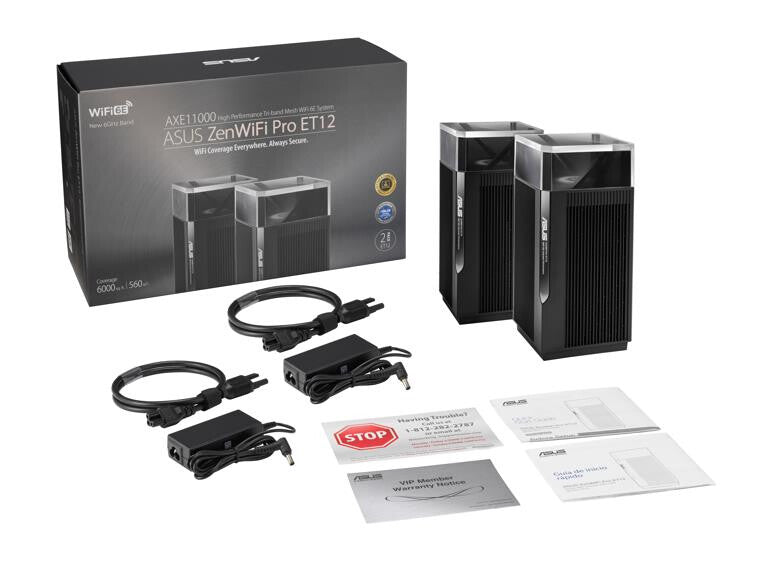 Asus (ZenWiFi Pro ET12) AXE11000 Wi-Fi 6E routeurs maillés tri-bande, paquet de 2, AiMesh Tech, WAN 2,5G, LAN 2,5G, LAN 2x Go, commande vocale
