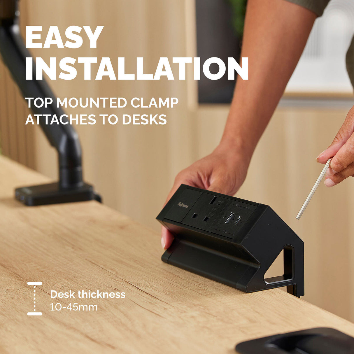 Fellowes Power Desk Type G Clamp Fit 1x230v 1xUSB-A 1x USB-C Socket 2m Cable Black - 100136980 power extension 1 AC outlet(s) Indoor
