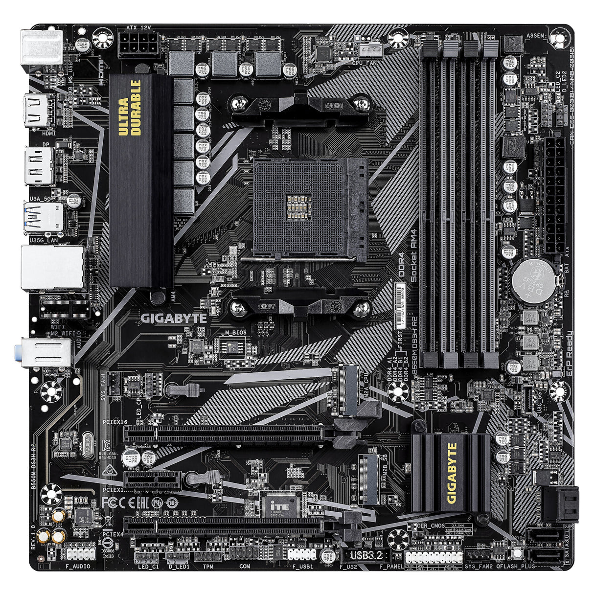 GIGABYTE B550M DS3H R2 Motherboard - AMD Ryzen 5000 CPUs, 5+3 Phases VRM, up to 4733MHz DDR4 (O.C.), 1xPCIe 4.0 + 1xPCIe 3.0 M.2, 1GbE LAN, USB 3.2 Gen 1