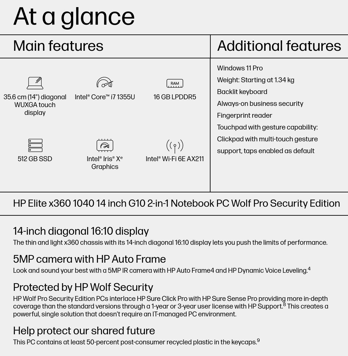 HP Elite x360 1040 G10 Intel® Core™ i7 i7-1355U Hybrid (2-in-1) 35.6 cm (14") Touchscreen WUXGA 16 GB LPDDR5-SDRAM 512 GB SSD Wi-Fi 6E (802.11ax) Windows 11 Pro Silver