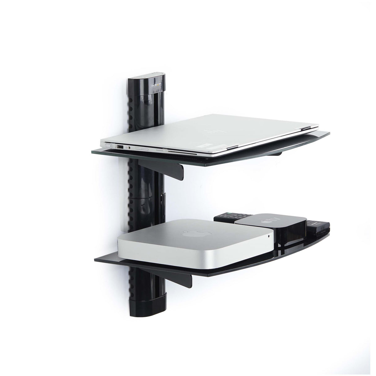 StarTech.com Dual Floating Wall-Mounted AV Shelves, Adjustable Height Shelf For Under TV, Organize A/V Equipment On Black Tempered Glass Shelves