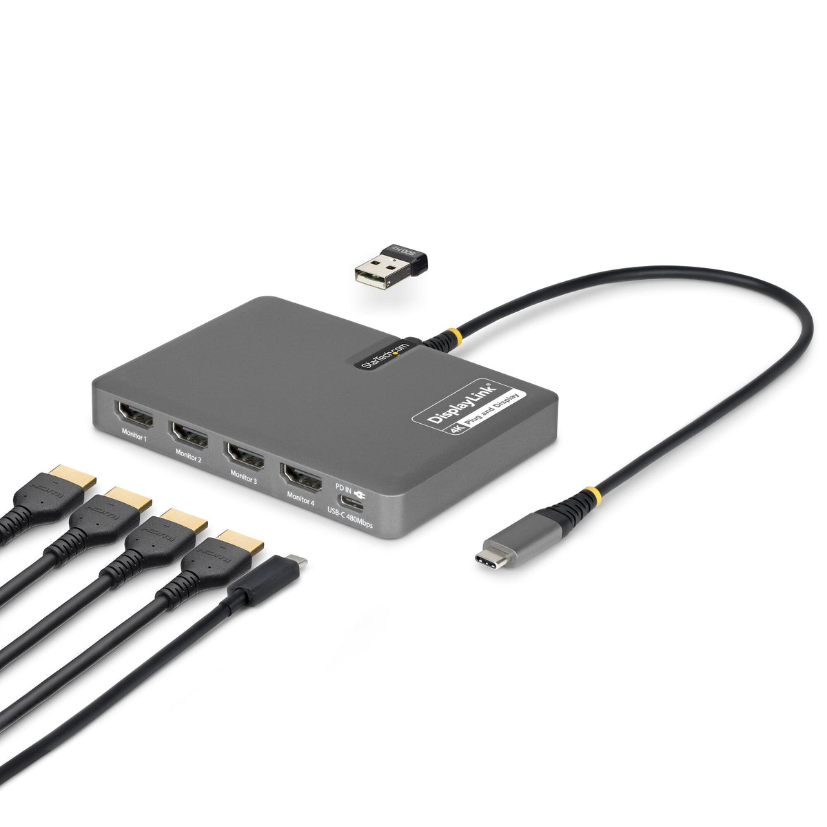 StarTech.com USB-C to Quad-Monitor Workstation Adapter, 4K 60Hz HDMI, 140W PD Passthrough for Laptop Charging, USB Port for Wireless Keyboard / Mouse, TAA
