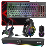 Marvo Scorpion 6-Product Gaming & Streaming Bundle featuring 80% TKL Multimedia Keyboard, Programmable USB Mouse, Non-Slip Mousepad, PC & Console-Compatible RGB Gaming Headset, RGB Stereo Soundbar & USB Streaming Microphone