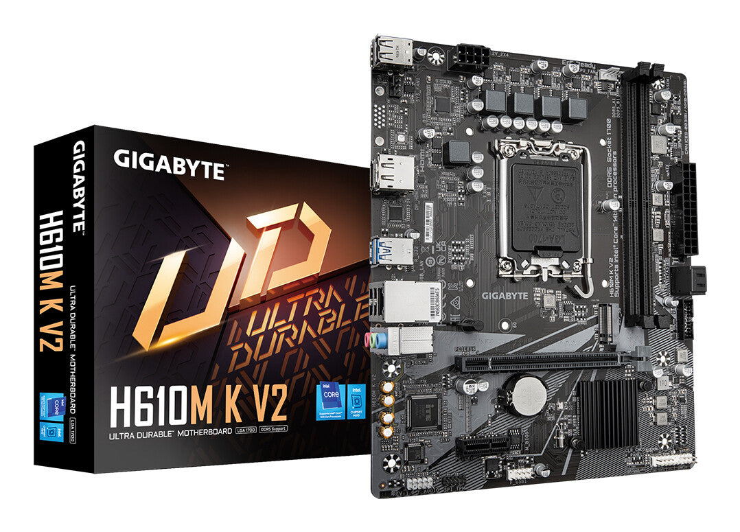 GIGABYTE H610M K V2 Motherboard - Intel Core 14th CPUs, up to 5600MHz DDR5, 1xPCIe 3.0 M.2, 1GbE LAN, USB 3.2 Gen 1