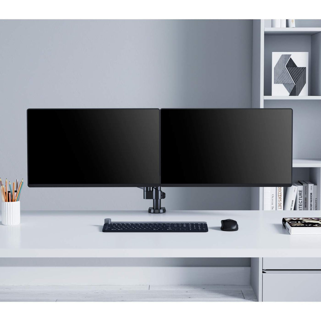 Manhattan Dual Desk Mount for TV & Monitors (Full Motion Gas Spring), For screens 10" to 27", Clamp or Grommet Assembly, VESA compatibility: 75x75 and 100x100mm - check the dimensions of the four mounting holes on back of screen to ensure it fits, Max 8kg