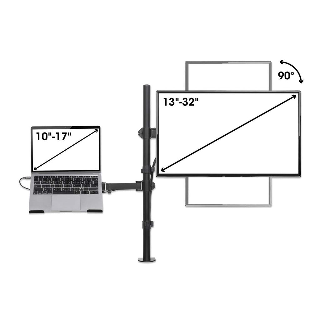 Manhattan Desk Mount for Monitors & Laptop Combo (Full Motion), For screens: 10-27", Laptop up to 17", Clamp Assembly, VESA compatability: 75x75 and 100x100mm - check the dimensions of the four mounting holes on back of screen to ensure it fits, Max 8kg,