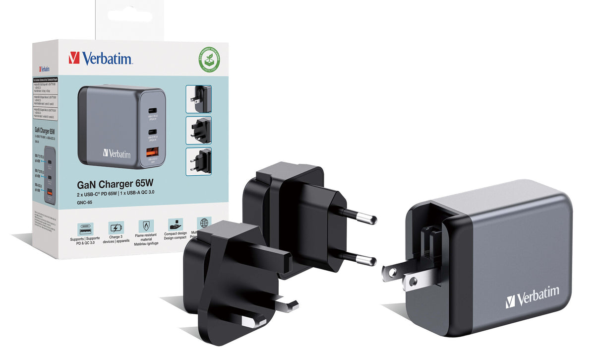 Verbatim GNC-65 GaN Charger 65W with 2 x USB-C PD 65W / 1 x USB-A QC 3.0 (EU/UK/US)