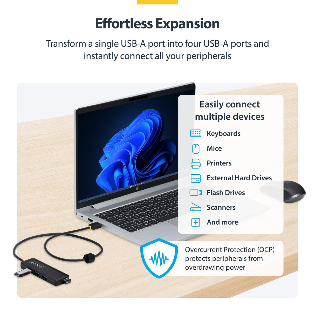 StarTech.com 4-Port USB-A Hub, 5Gbps, Bus Powered, USB-A to 4x USB-A Mini Hub, Extra Long 2ft/61cm Host Cable, PCR Plastic, Portable Desktop / Laptop USB Hub