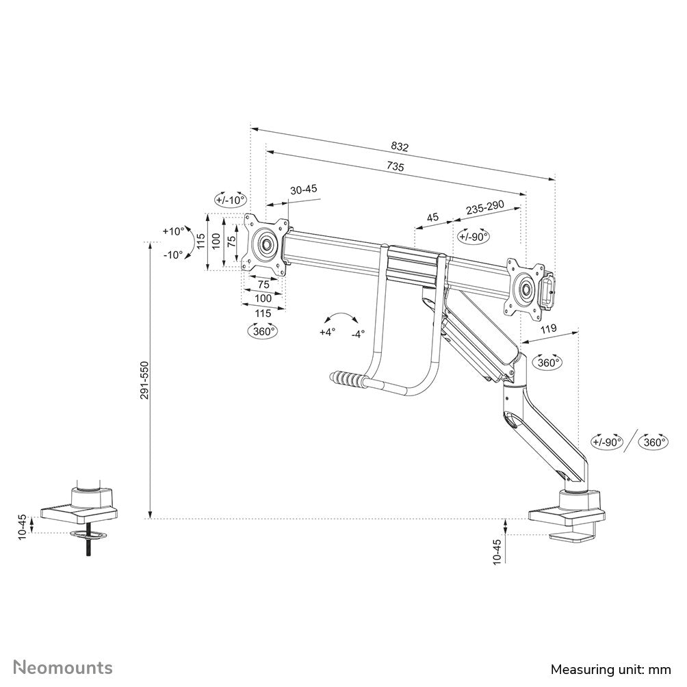 Neomounts DS75-450WH2 Monitor arm 17-32" - gas spring - Topfix - 180°-stop