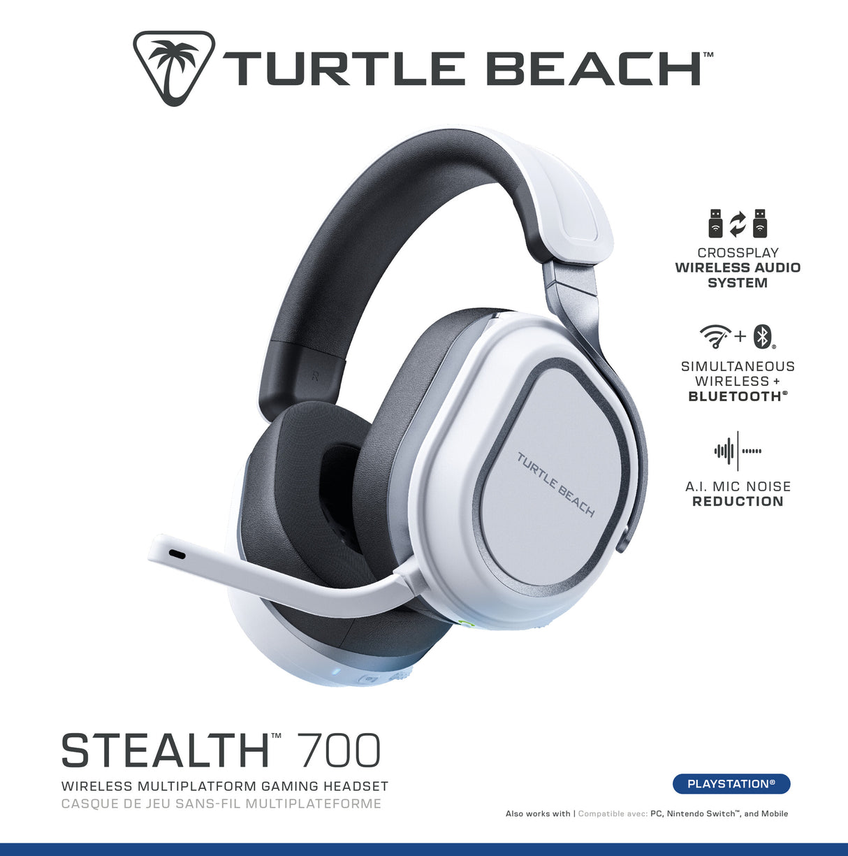 Turtle Beach Stealth 700 White PlayStation Wireless Gaming Headset with up to 80 hour Battery, Bluetooth, Dual Transmitters and 60mm Speakers for PS5, PS4, PC and Mobile